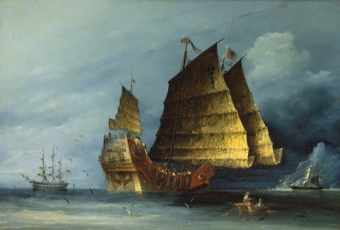 Chinese river cargo junks under sail on an interior waterway, the kind of flotilla across which early traders split each merchant's goods to avoid ruinous loss