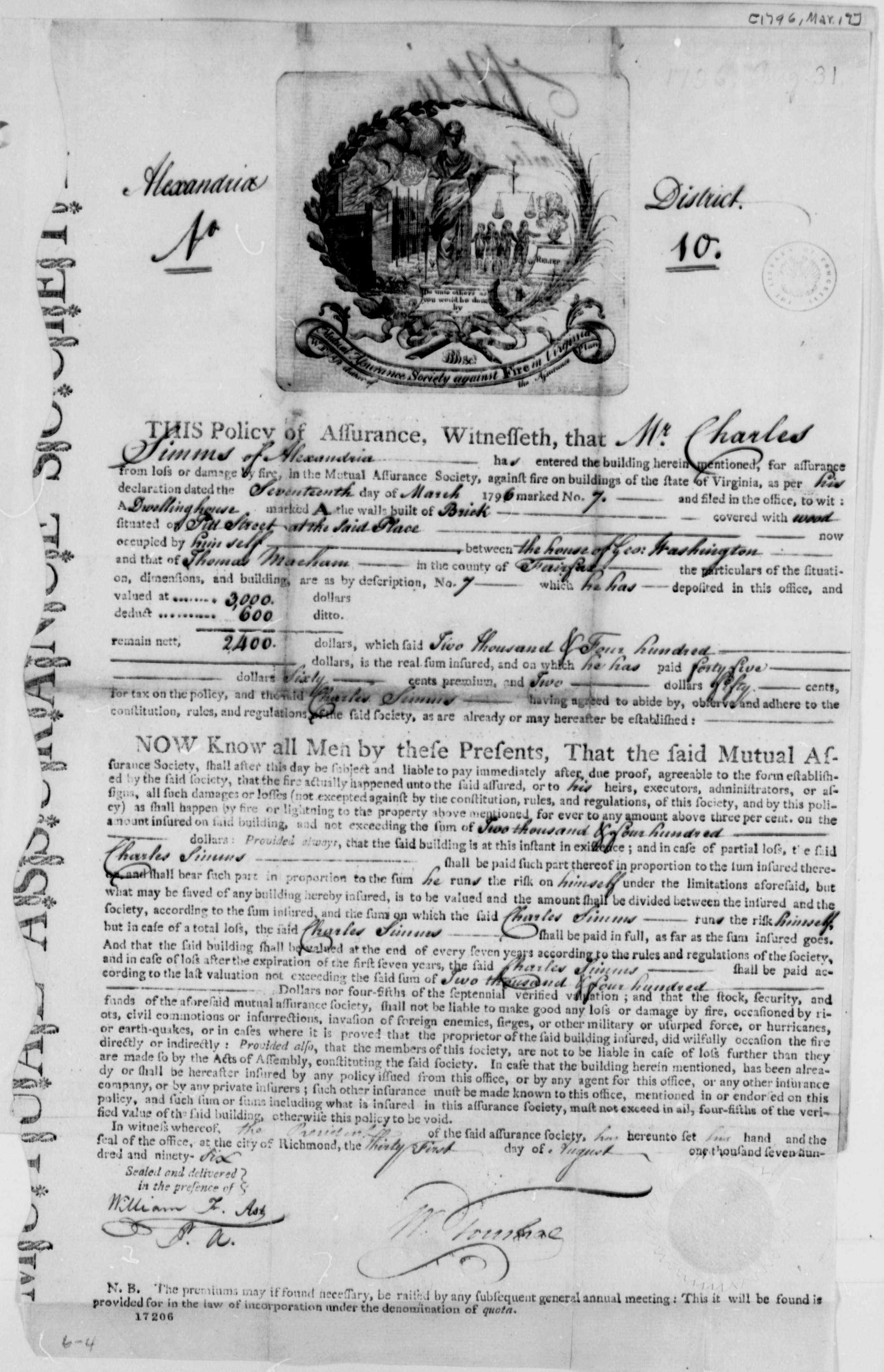 A handwritten and printed fire insurance policy from 1796, issued by the Mutual Assurance Society against Fire on Buildings of the State of Virginia to Charles Simms of Alexandria, its lower two thirds filled with dense printed conditions setting out what the society will and will not answer for