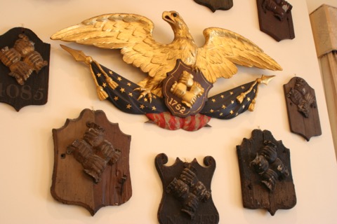 The clasped-hands fire mark of the Philadelphia Contributionship, the metal badge mounted on houses insured by Benjamin Franklin's 1752 mutual
