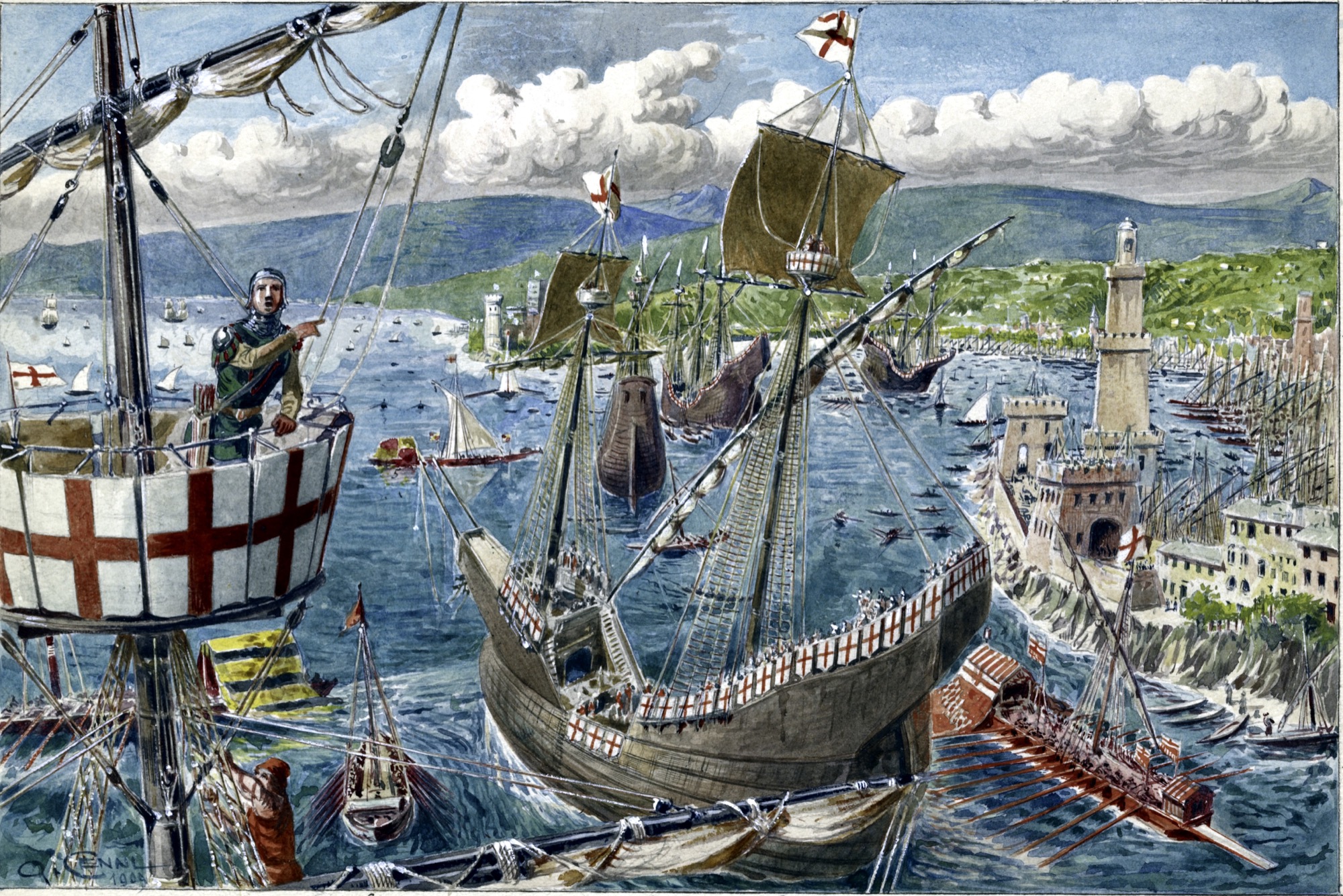Genoese galleys under the cross flag entering the fortified harbour of Genoa, the lighthouse and city walls behind them, in a painted reconstruction of the fourteenth-century port