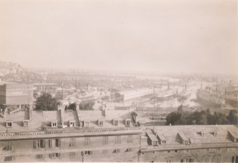 The medieval harbour of Genoa crowded with merchant galleys, the maritime republic where the marine insurance premium first detached from the loan in 1343
