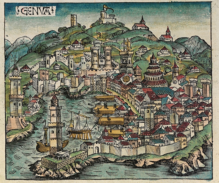 A hand-colored woodcut of medieval Genoa labeled 'GENVA,' showing the walled hillside city, a lighthouse tower, harbor fortifications, and cargo ships at anchor in the port.
