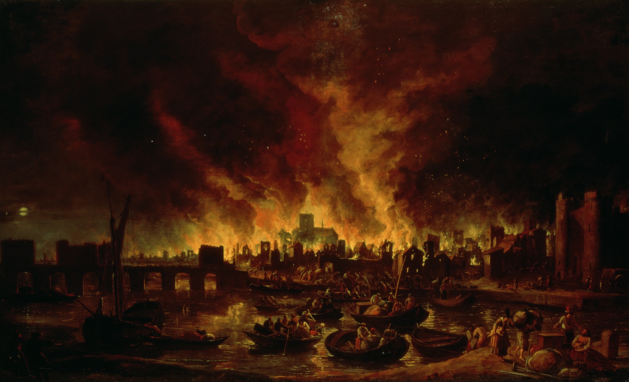 A night scene of the Great Fire of London rendered mostly in red and orange, tall flames and billowing smoke rising over a silhouetted skyline and a fortified tower on the right, with rowing boats crowded with fleeing people and belongings in the foreground on the Thames.