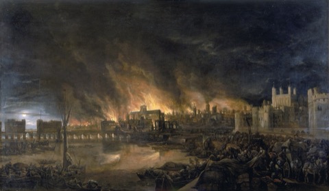A painting of the Great Fire of London in 1666, the medieval city ablaze along the north bank of the Thames while boats crowd the river to escape the flames