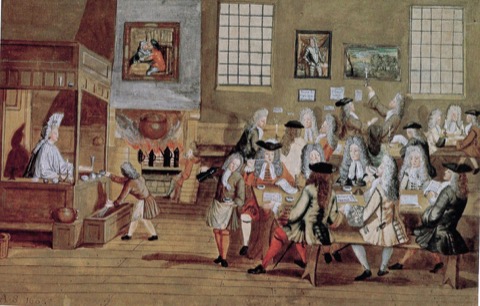 An engraving of the interior of a London coffeehouse of the late seventeenth century, merchants and sea captains gathered at long tables reading shipping lists over their cups