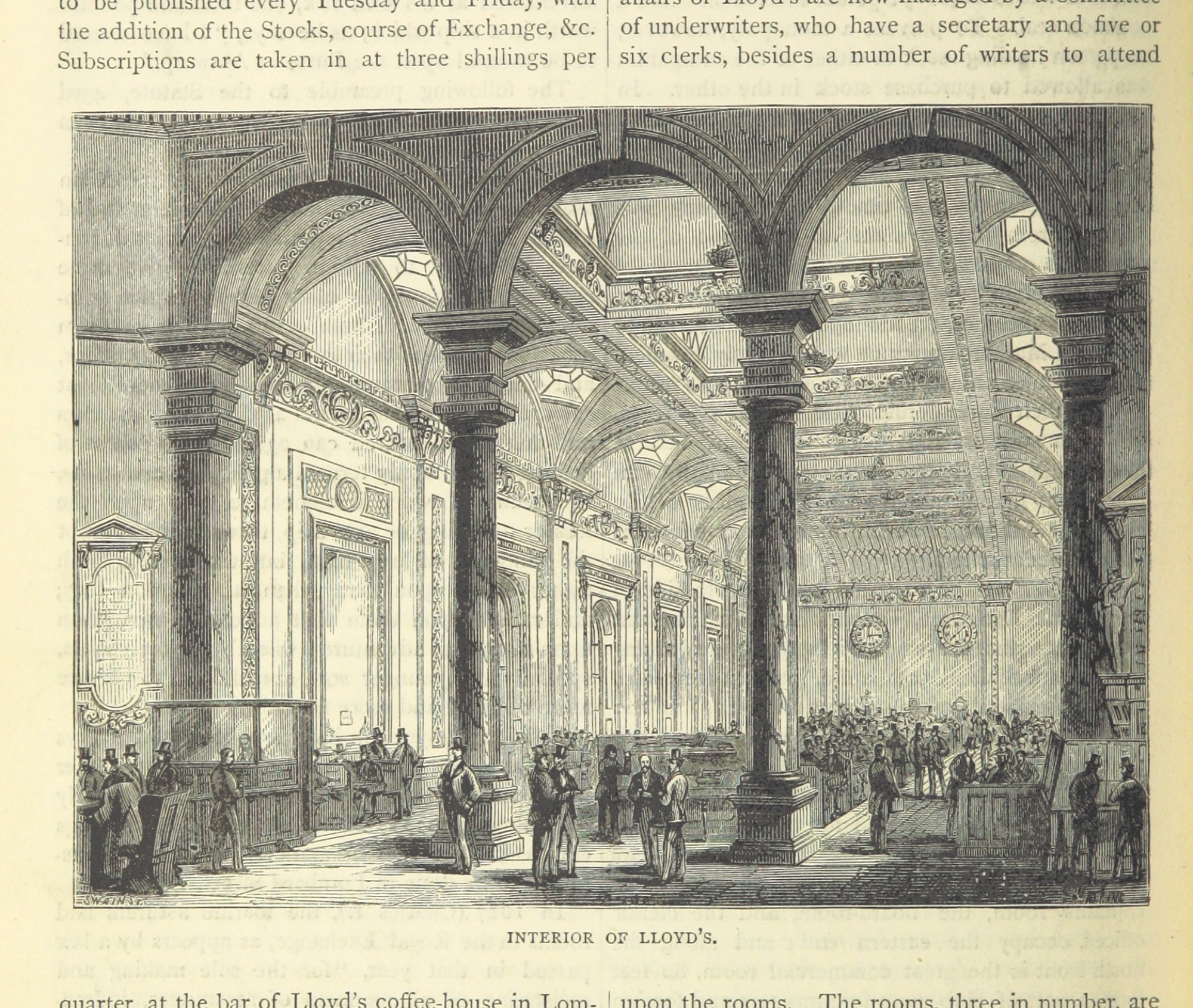 Victorian engraving captioned Interior of Lloyd's, showing a grand arched underwriting hall with columns, clerks at counters and a crowd near the entrance.