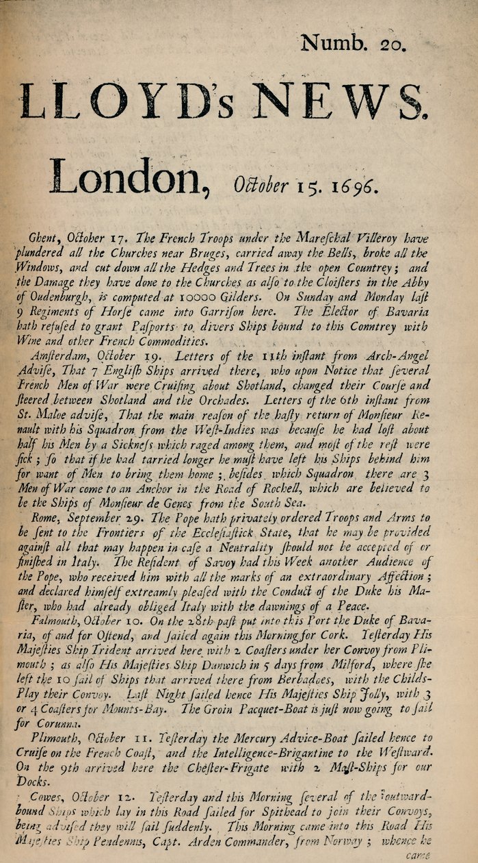 A single printed news sheet headed LLOYD's NEWS, London, October 15 1696, Numb. 20, with dense columns of shipping and continental news in period typeface.