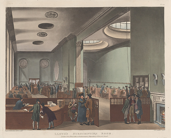 The interior of Lloyd's Subscription Room in 1809, underwriters seated at long desks under a high skylit ceiling with clocks on the wall, brokers standing between them