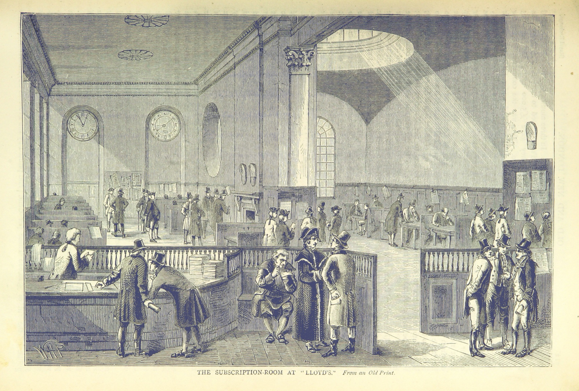 Victorian engraving of Lloyd's Subscription Room, a pillared hall with underwriters at desks along the walls and clerks working the floor.