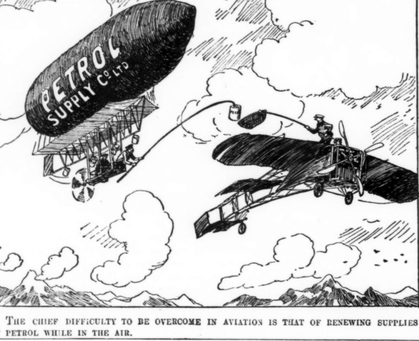 A 1909 Punch cartoon showing an airship labelled Petrol Supply Co. Ltd refuelling a biplane in mid-flight through a hose, above the printed line: the chief difficulty to be overcome in aviation is that of renewing supplies of petrol while in the air
