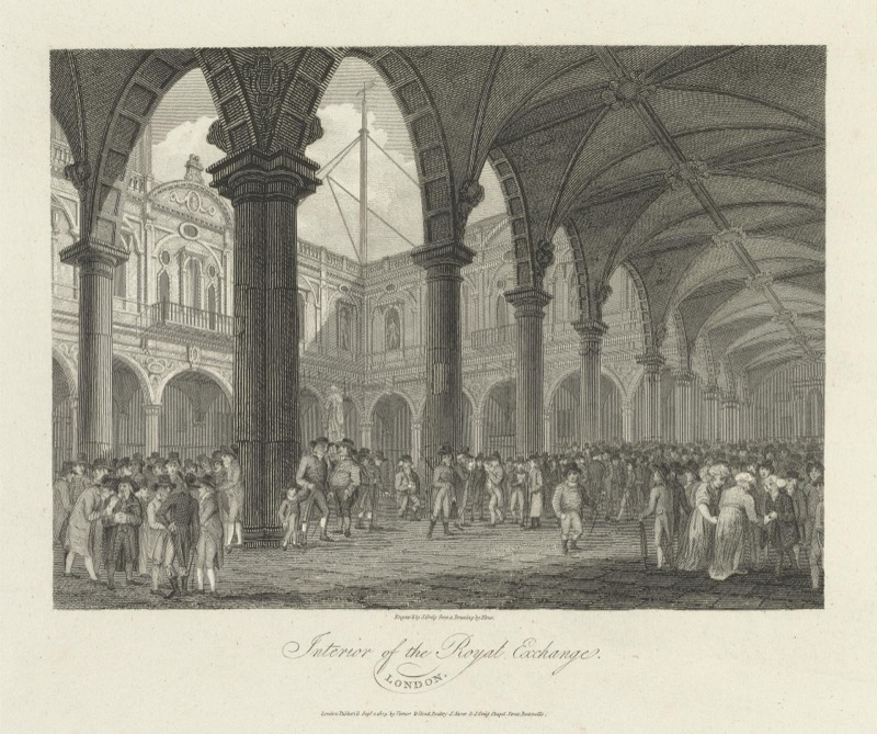 An 1805 engraving of the interior of the Royal Exchange in London, crowded with brokers and merchants under vaulted arches, the marketplace where Lloyd's underwriters and syndicates conducted business
