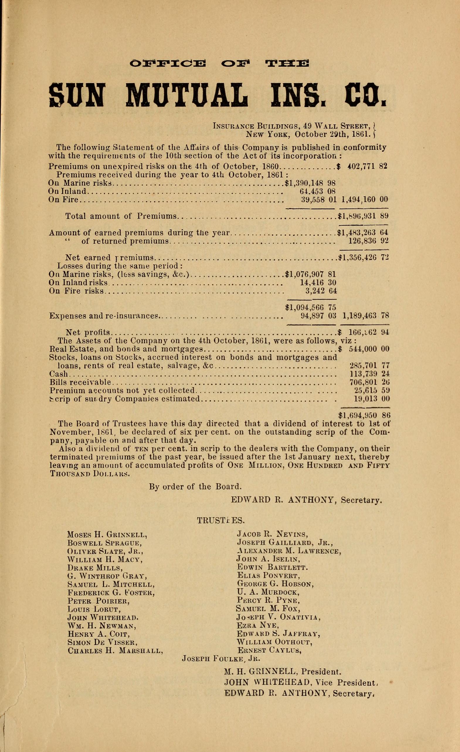 A printed page from an 1862 American insurance directory headed Office of the Sun Mutual Insurance Company, 49 Wall Street, New York. It sets out the company's premiums received, its losses on marine, inland and fire risks, a line for expenses and reinsurances, its net profits, and an itemised statement of the assets standing behind the company: real estate, bonds and mortgages, stocks, cash, bills receivable and premium accounts. Beneath the figures is a two-column list of the names of the trustees.